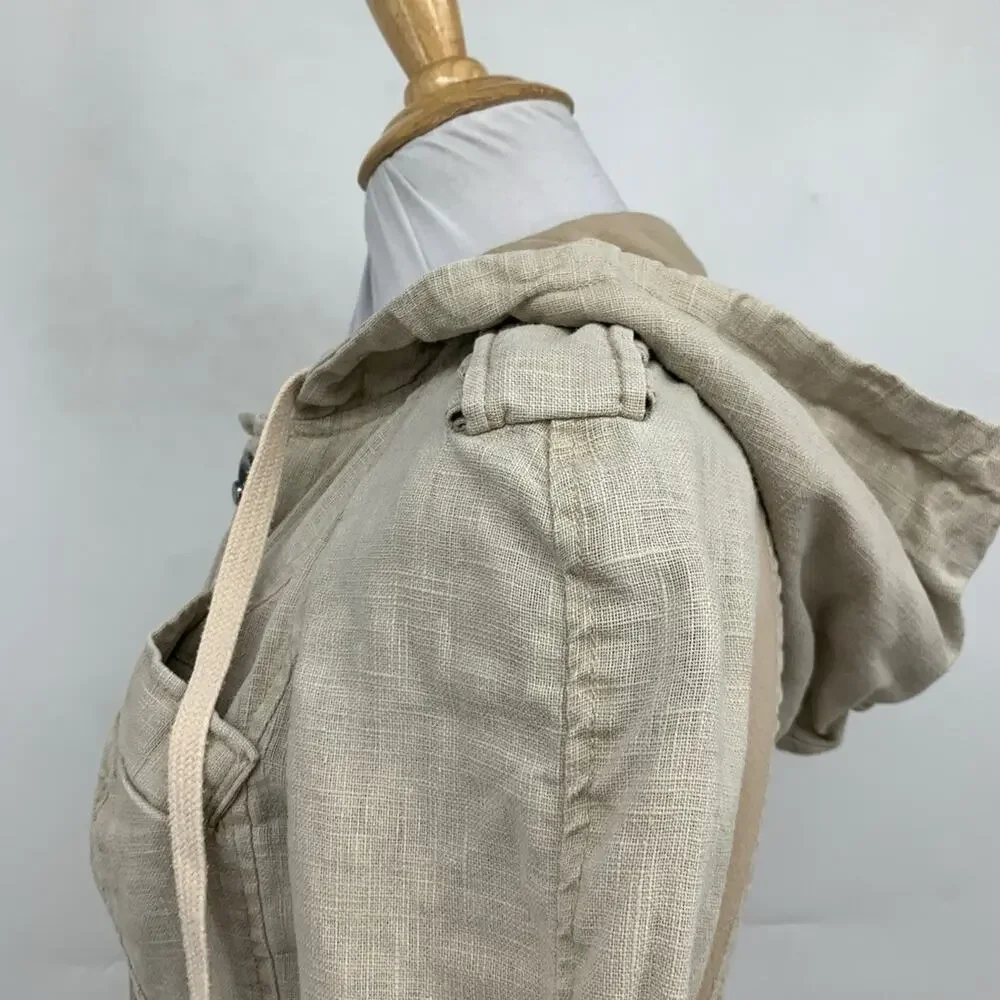 Free People Jacket Womens 0 Beige Ramie Metal Snap Pockets Military Trench Boho
